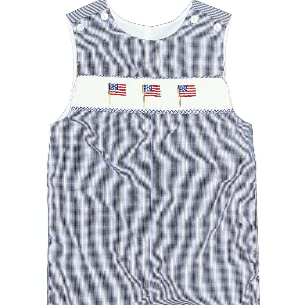 Petit Bebe smocked American Jon Jon 24M  month gingham blue white flag one piece